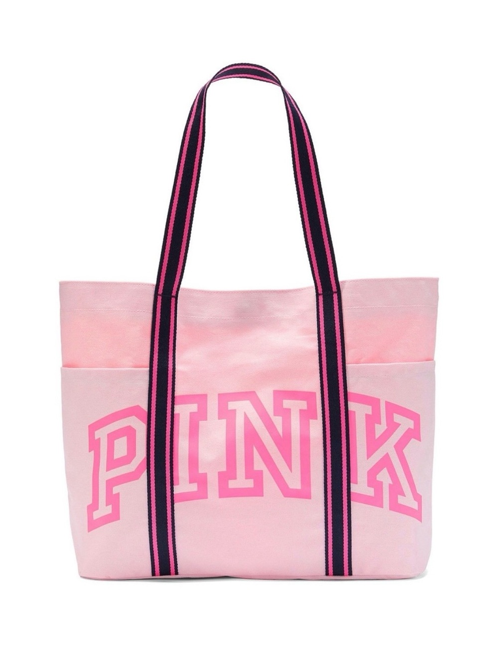 PINK canvas tote bag with navy and pink striped handles